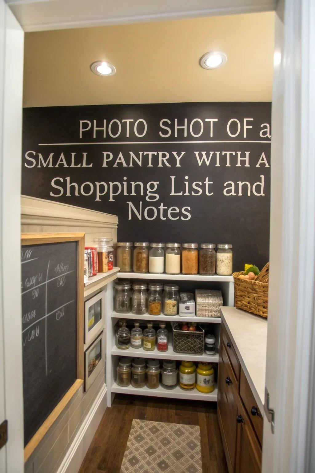 A chalkboard wall adds fun and functionality to the pantry.