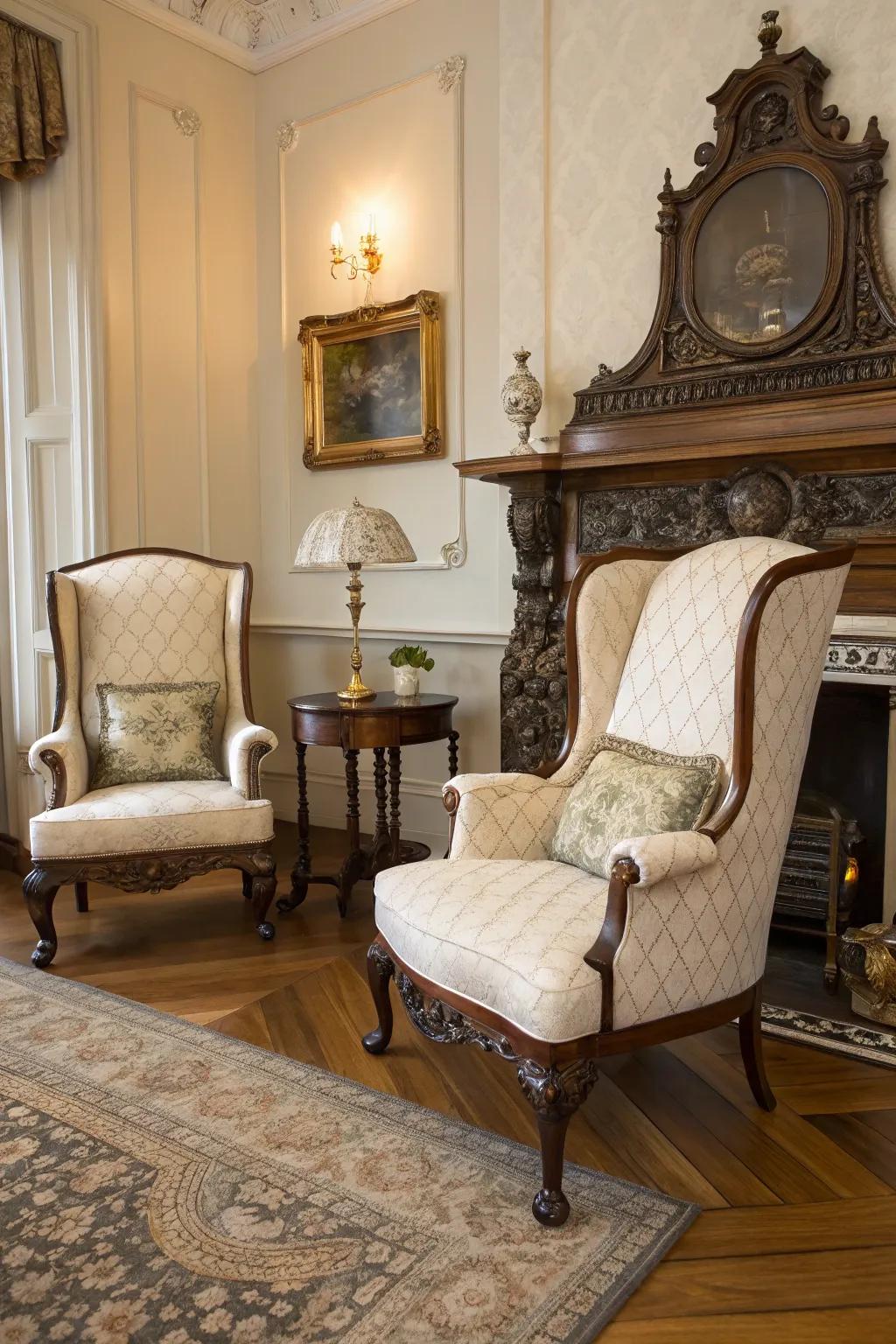 Wingback chairs offer comfort and classic grandeur.