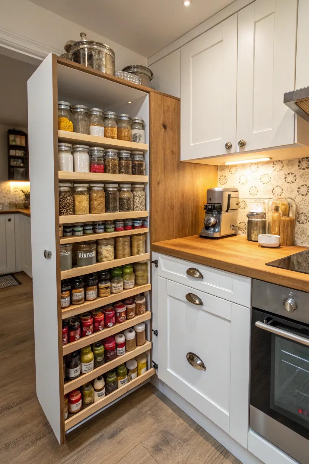 A pull-out pantry efficiently uses narrow storage spaces.