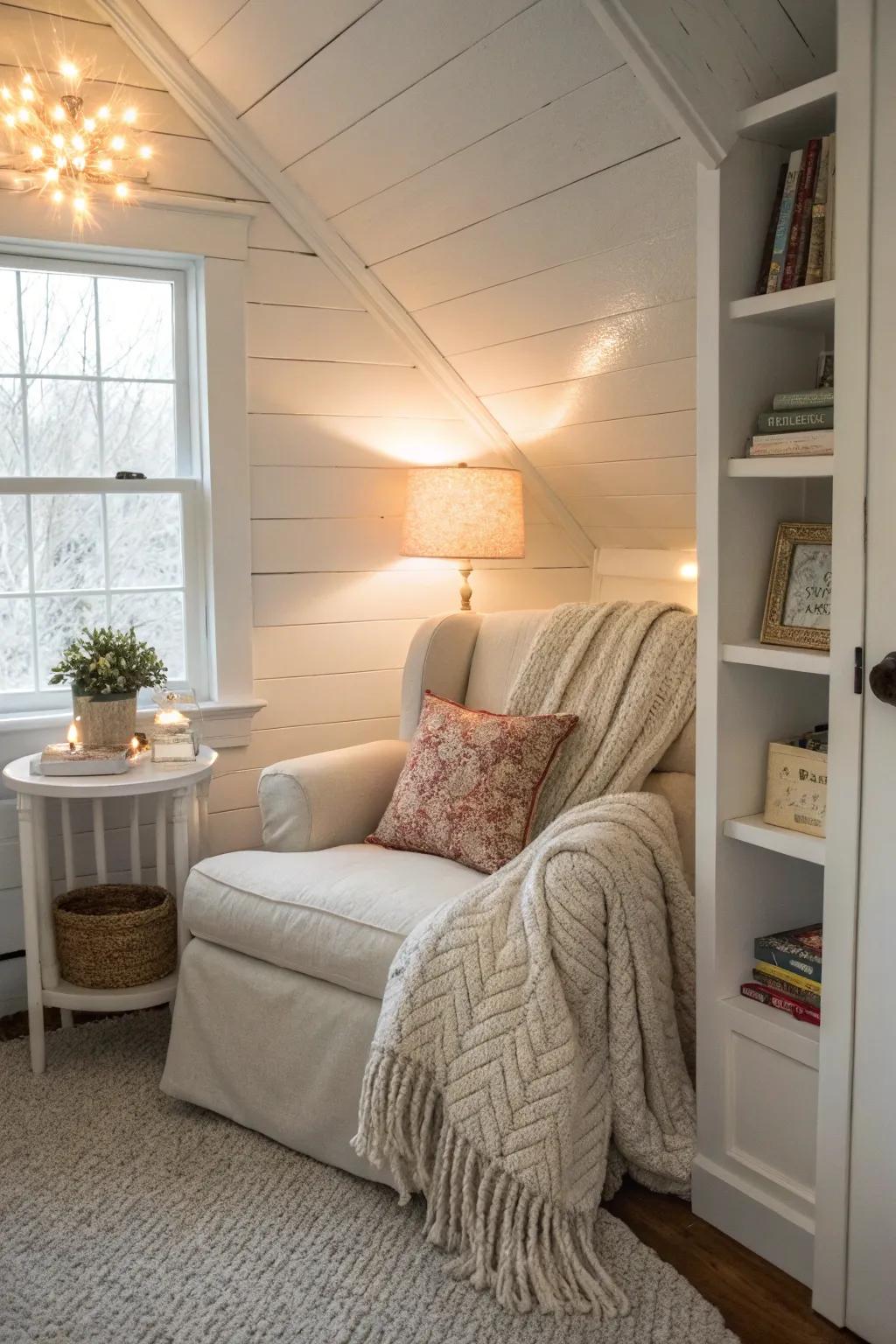 A cozy nook adds charm and personal retreat to a small white bedroom.