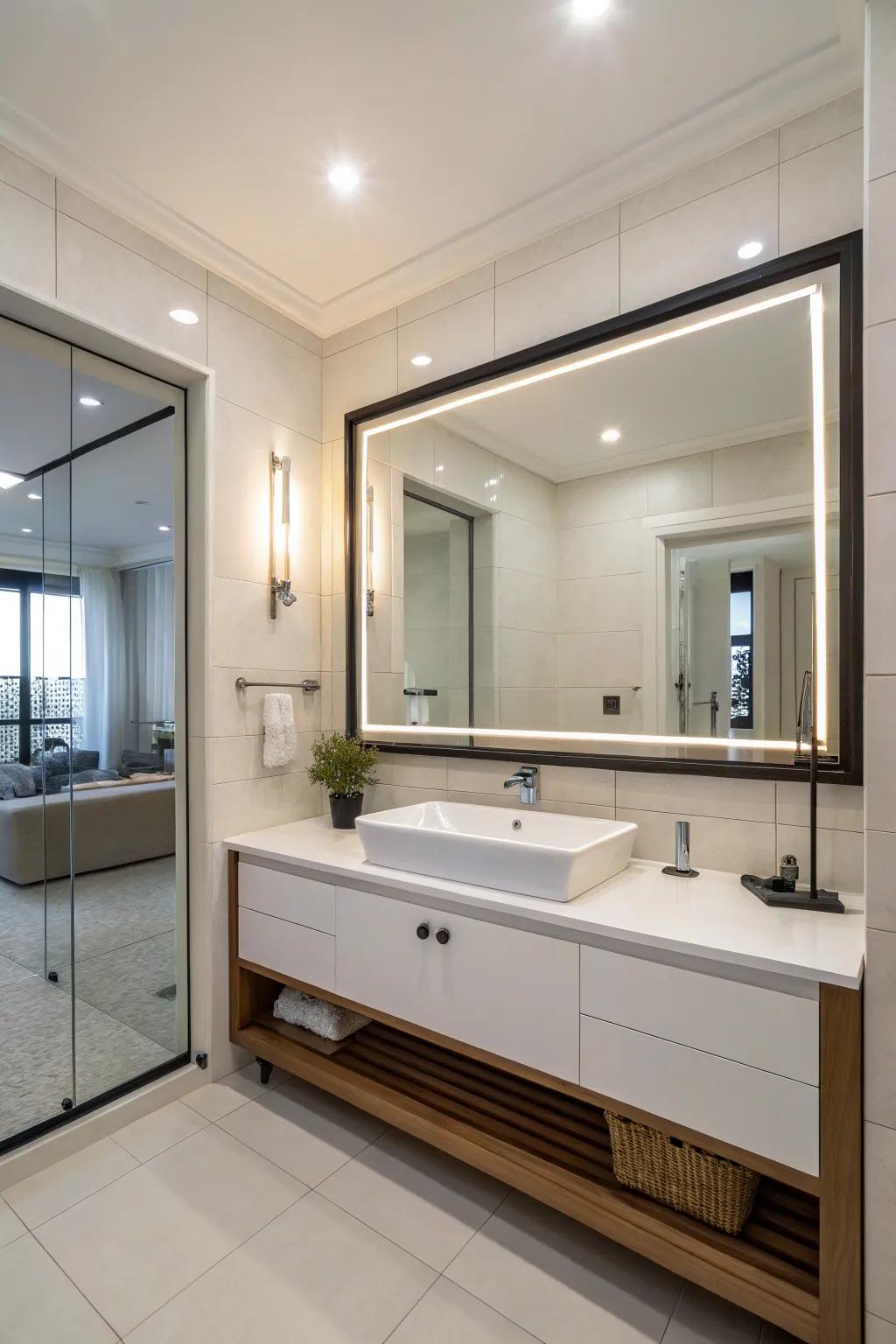 A statement mirror reflects light and expands the room.