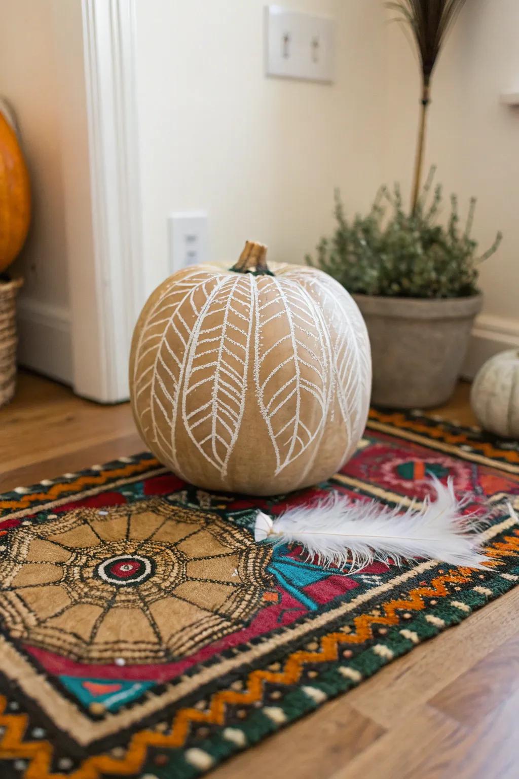 A pumpkin with whimsical feathered web accents.