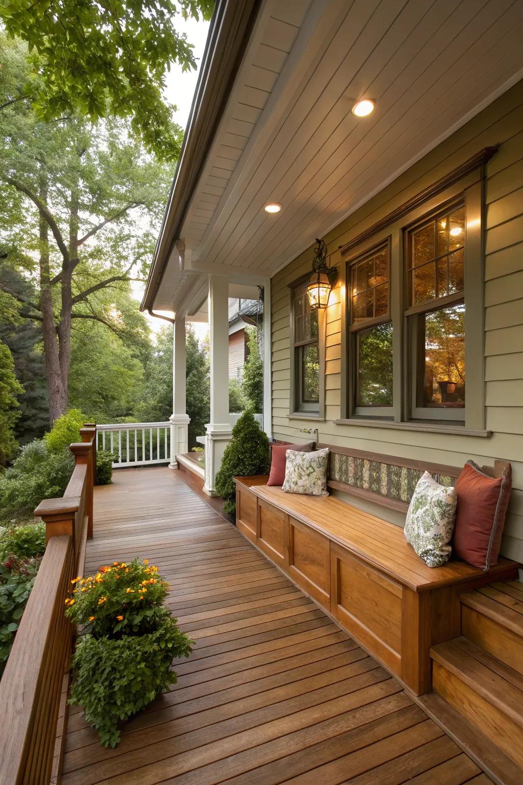 Built-in benches offer sleek and functional seating on this split foyer porch.