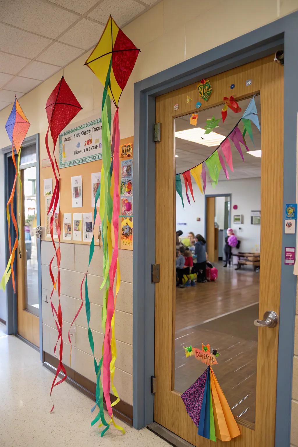 Kites take flight on a preschool door.