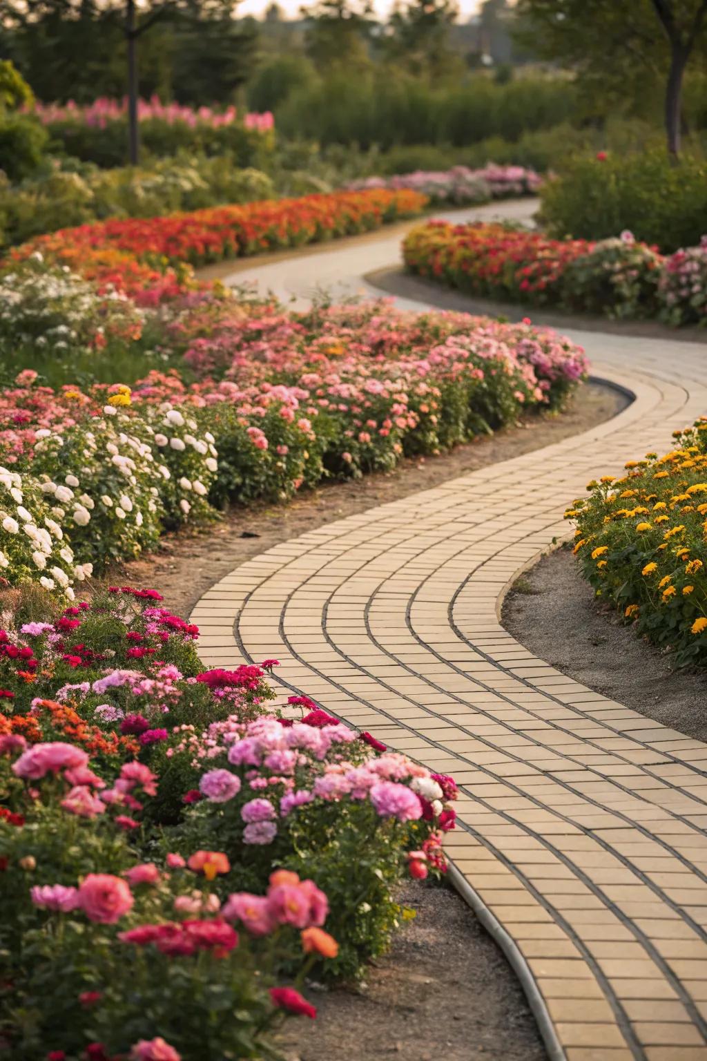 A charming paver pathway weaves through a blooming flower bed.