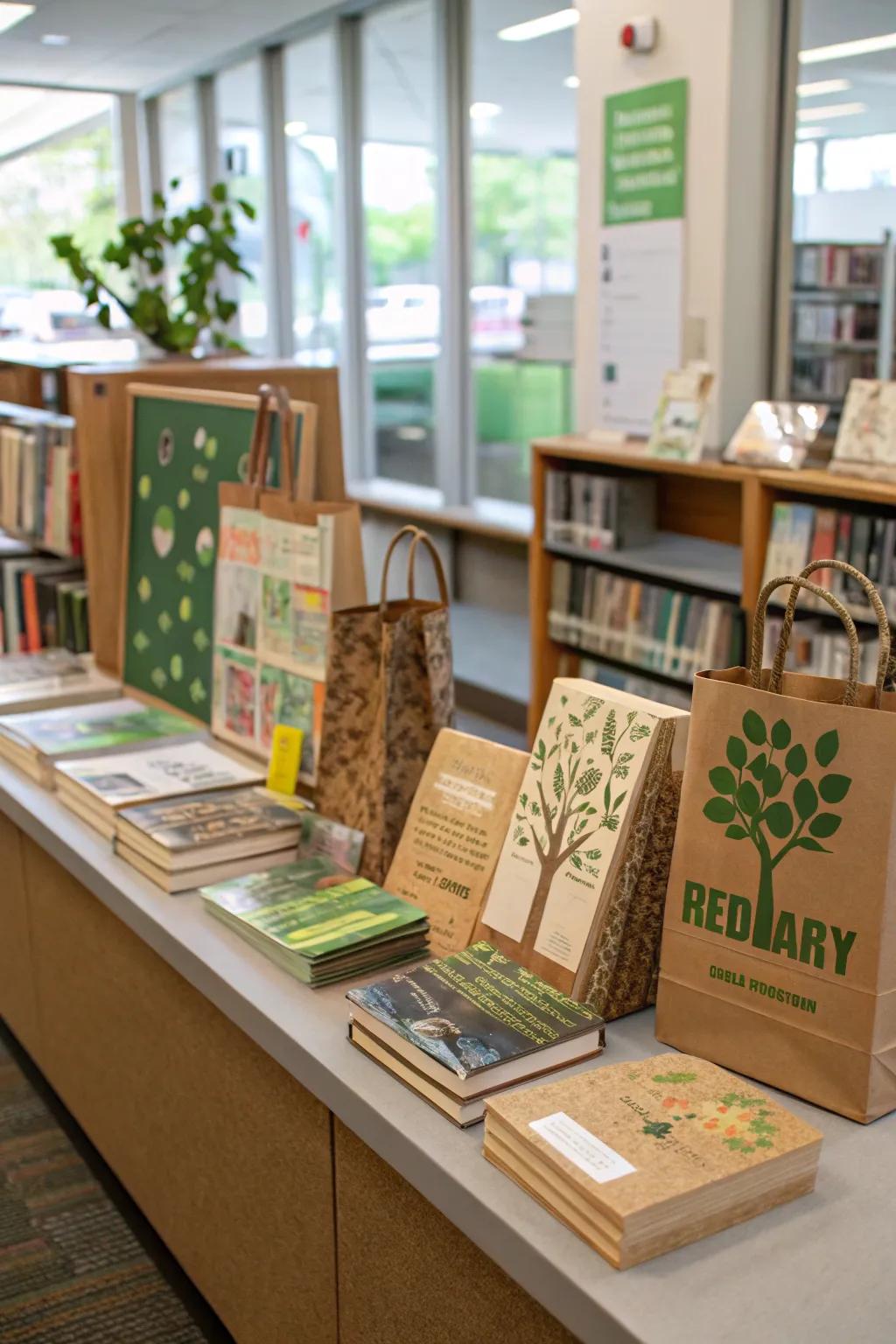 An eco-friendly display with books on sustainability and recycled materials.