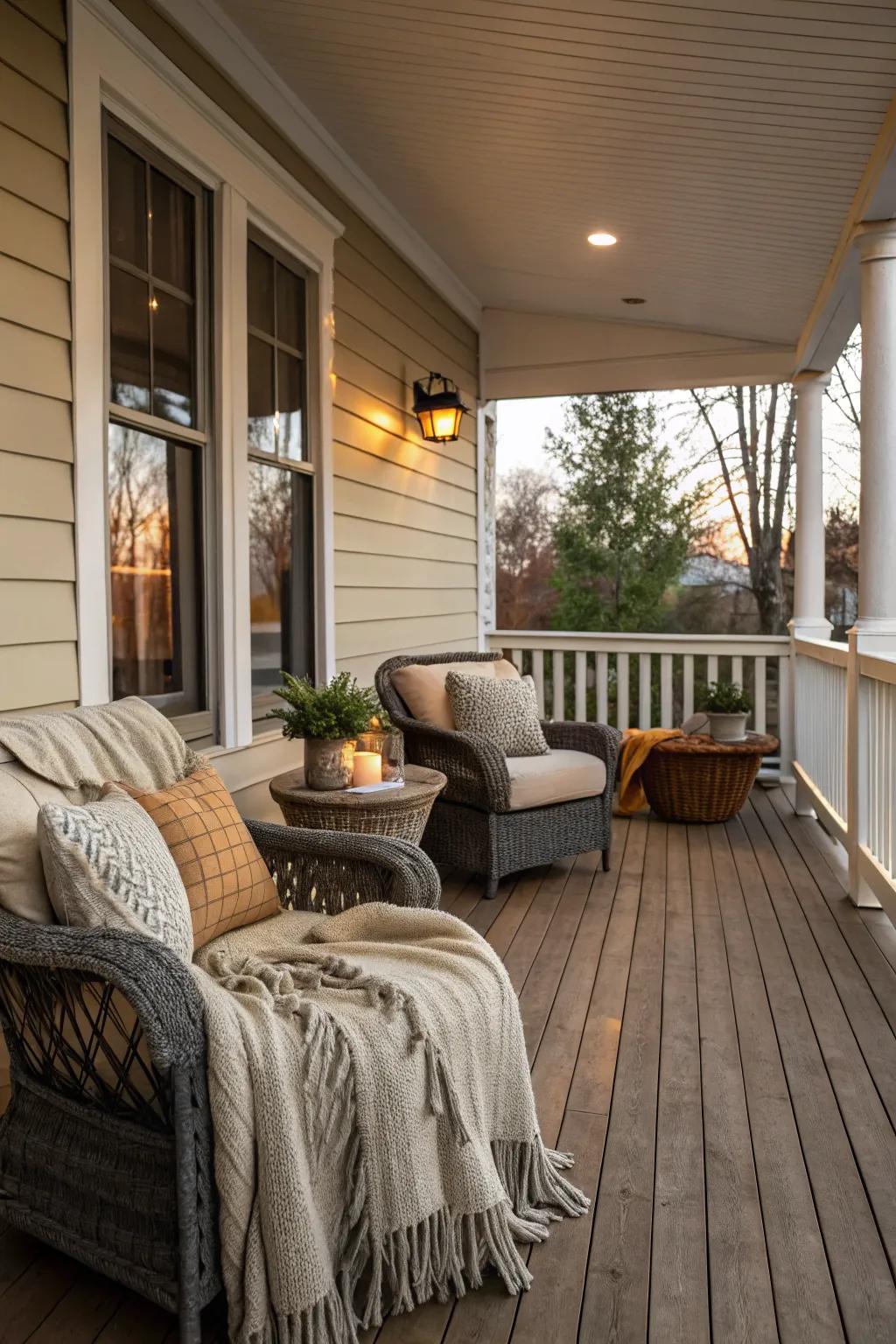 Indoor comforts brought outside for a cozy porch.