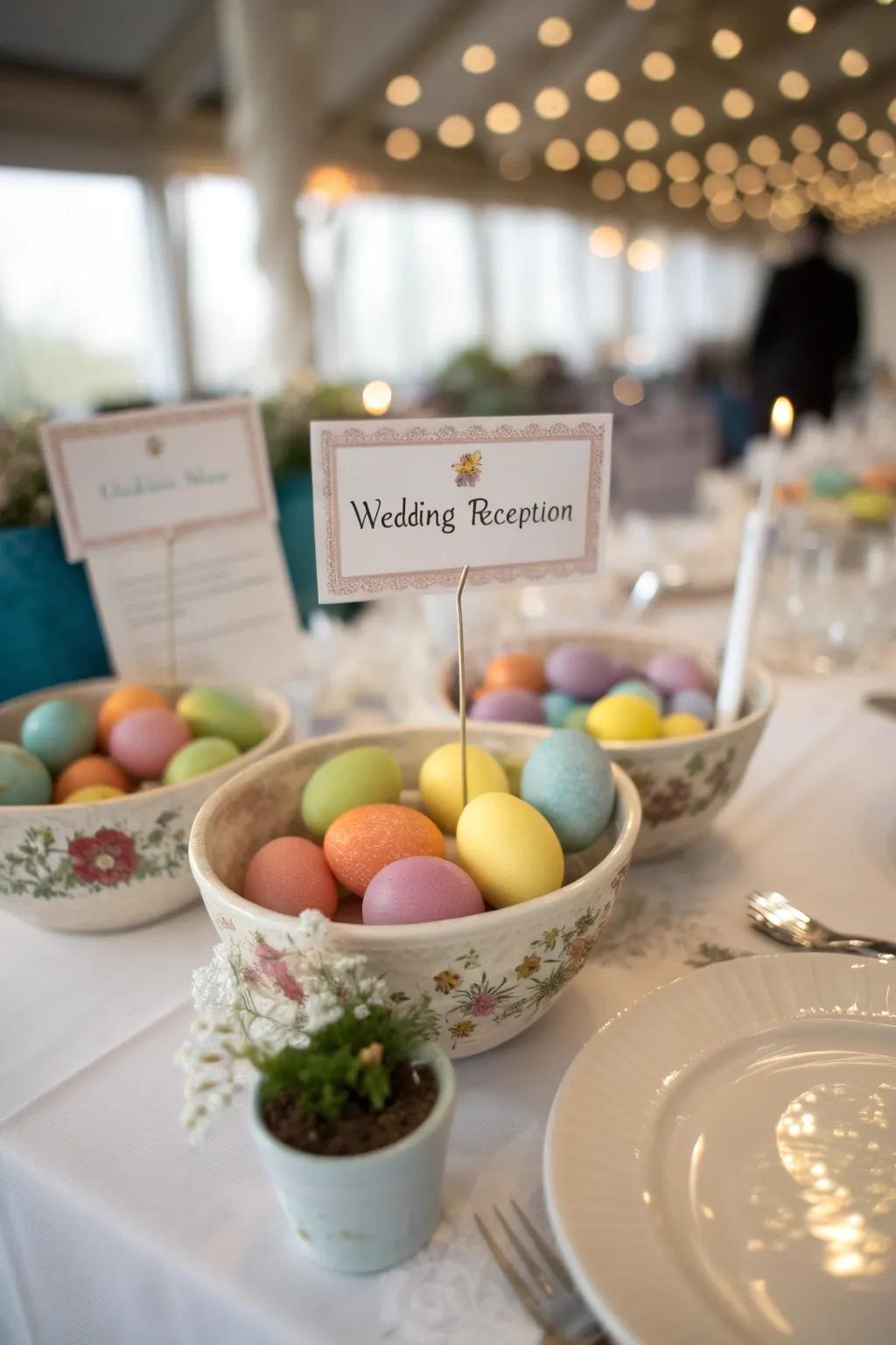 Dyed eggs add a whimsical touch to wedding escort cards.