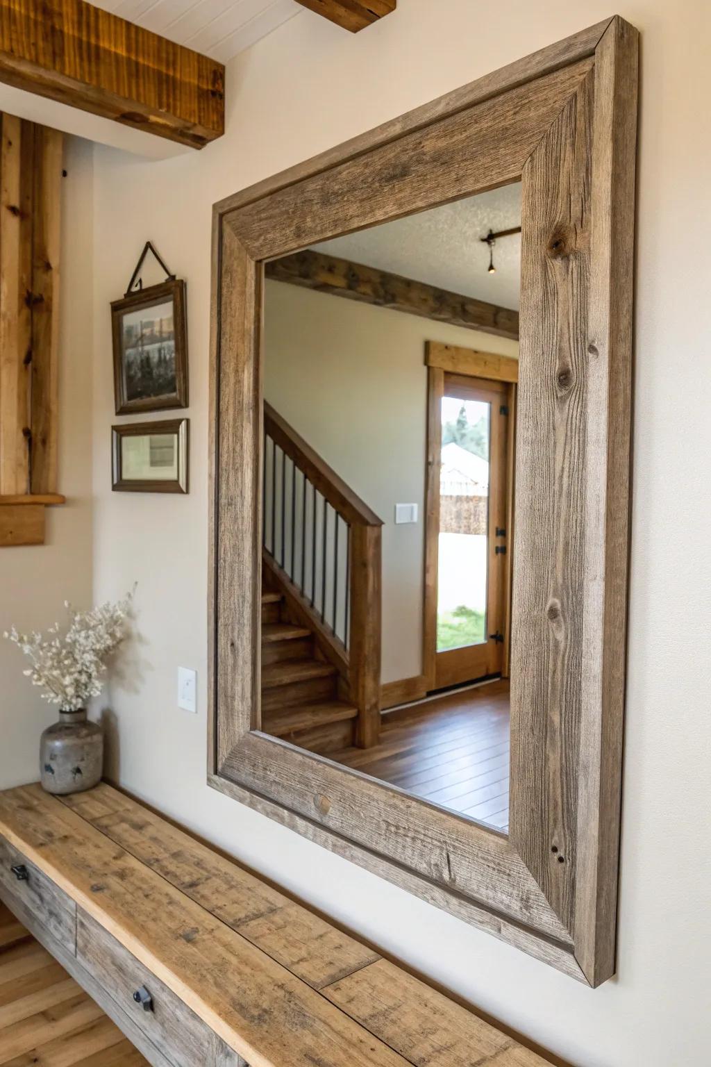 Infuse rustic charm with a barnwood mirror frame.