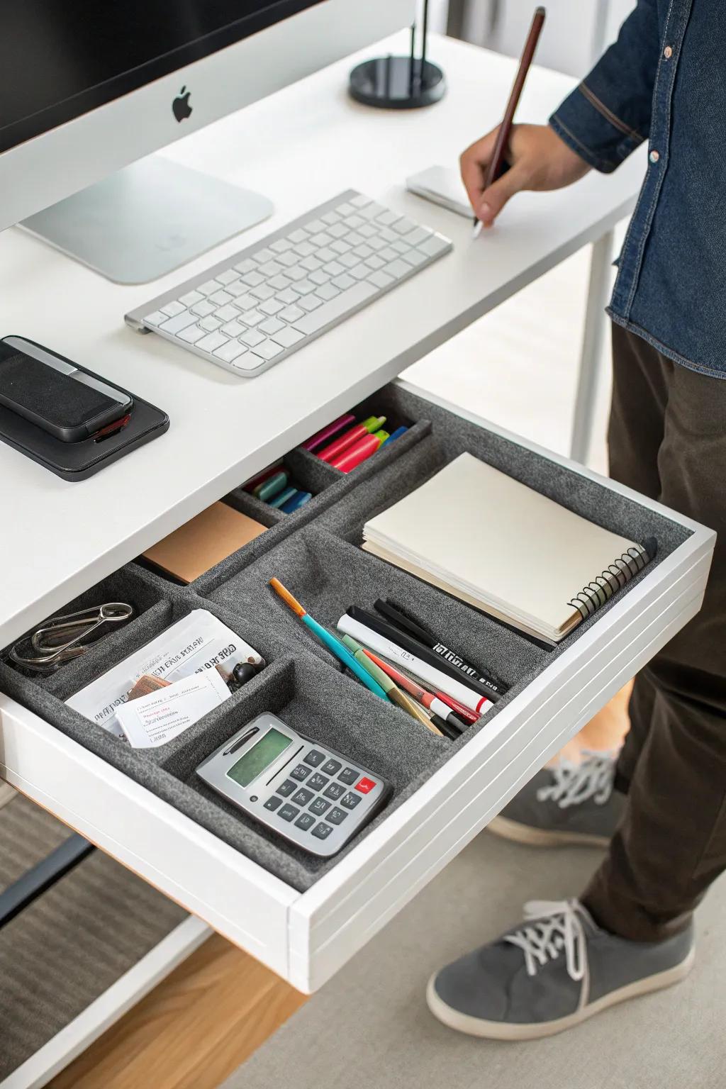 Under-desk trays keep essentials handy while maintaining a clean look.