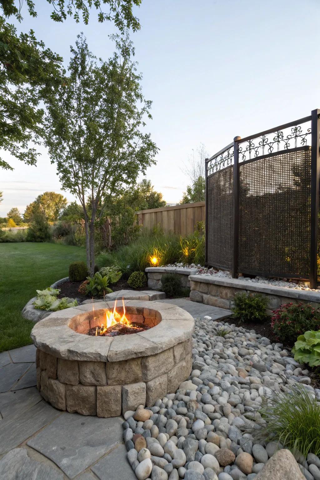 Windbreak around the fire pit ensures comfort in all weather.