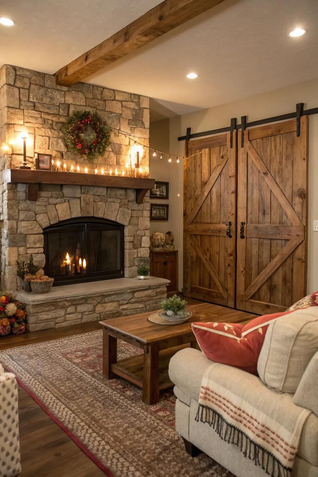 Barn doors add a rustic charm to the stone fireplace, enhancing the farmhouse vibe.