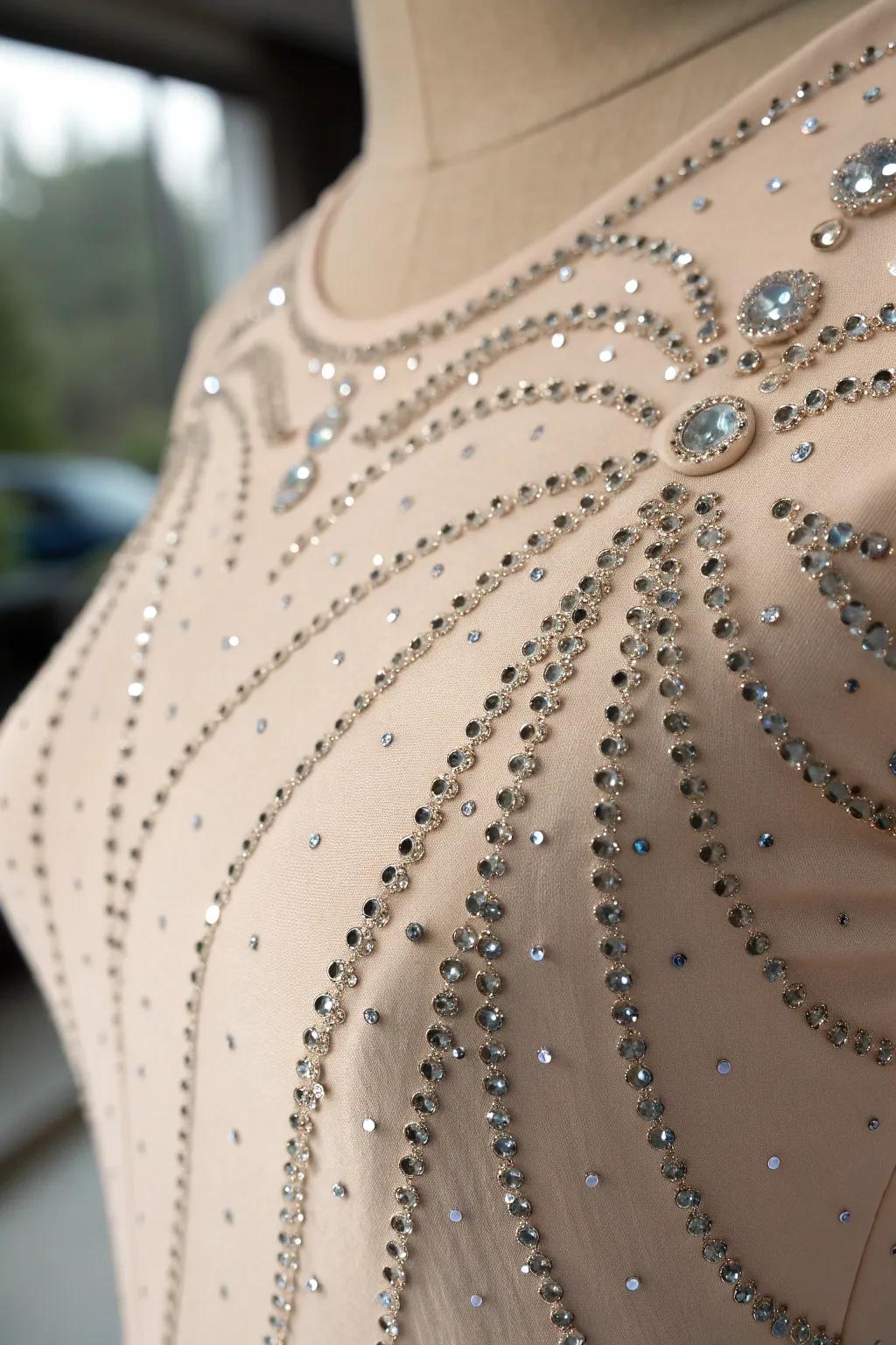 Embrace the elegance of abstract rhinestone art for a dance costume that dazzles with minimalist beauty.