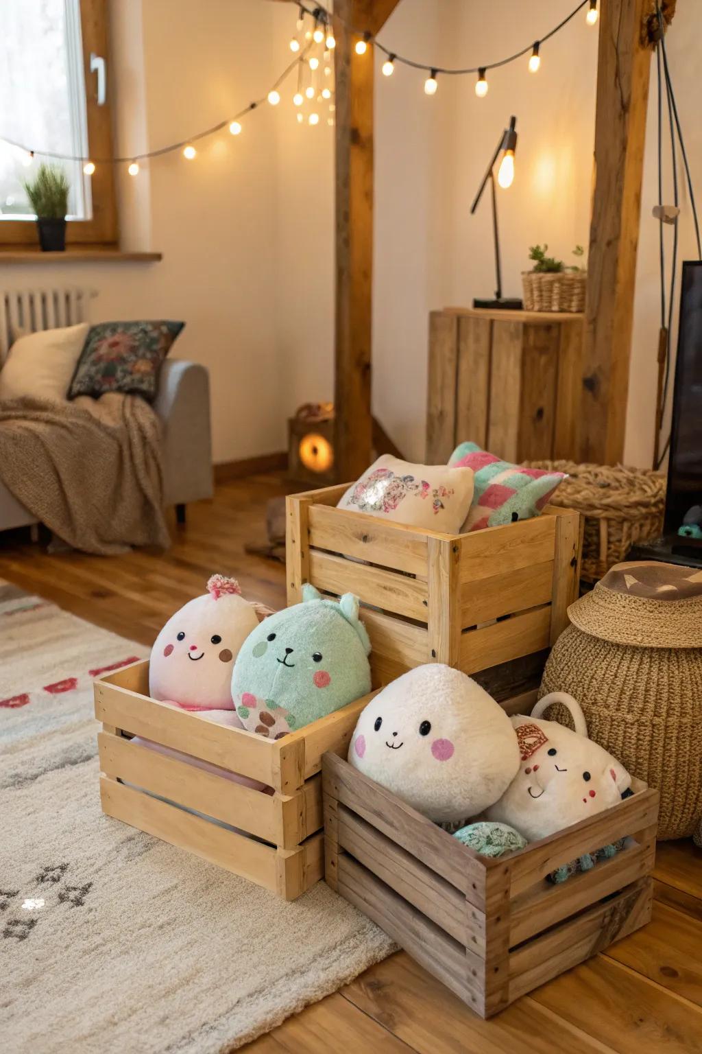 Rustic crates provide a charming and organized way to store Squishmallows.