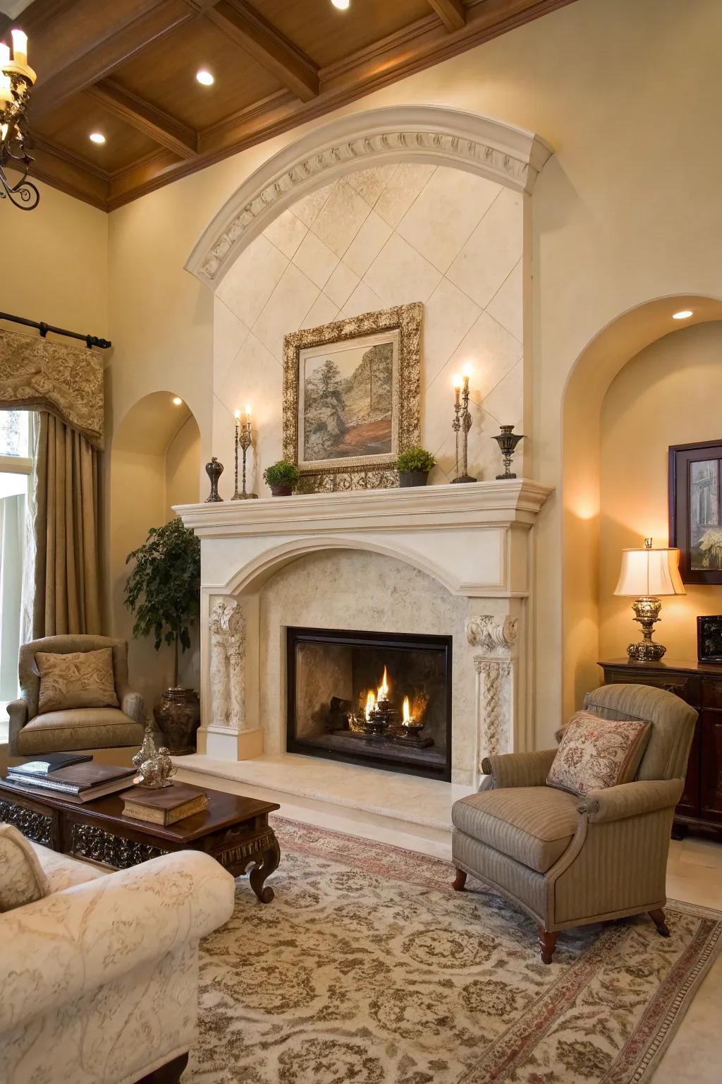 An arched stucco fireplace adds classic elegance to this Mediterranean-style home.