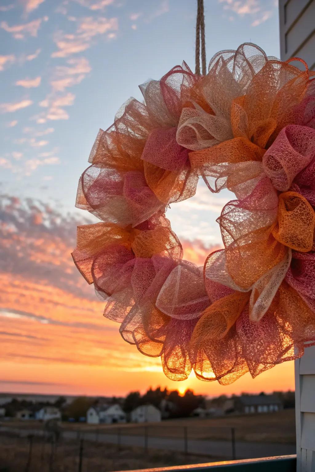 A sunset dreams mesh wreath that brings twilight magic to your door.