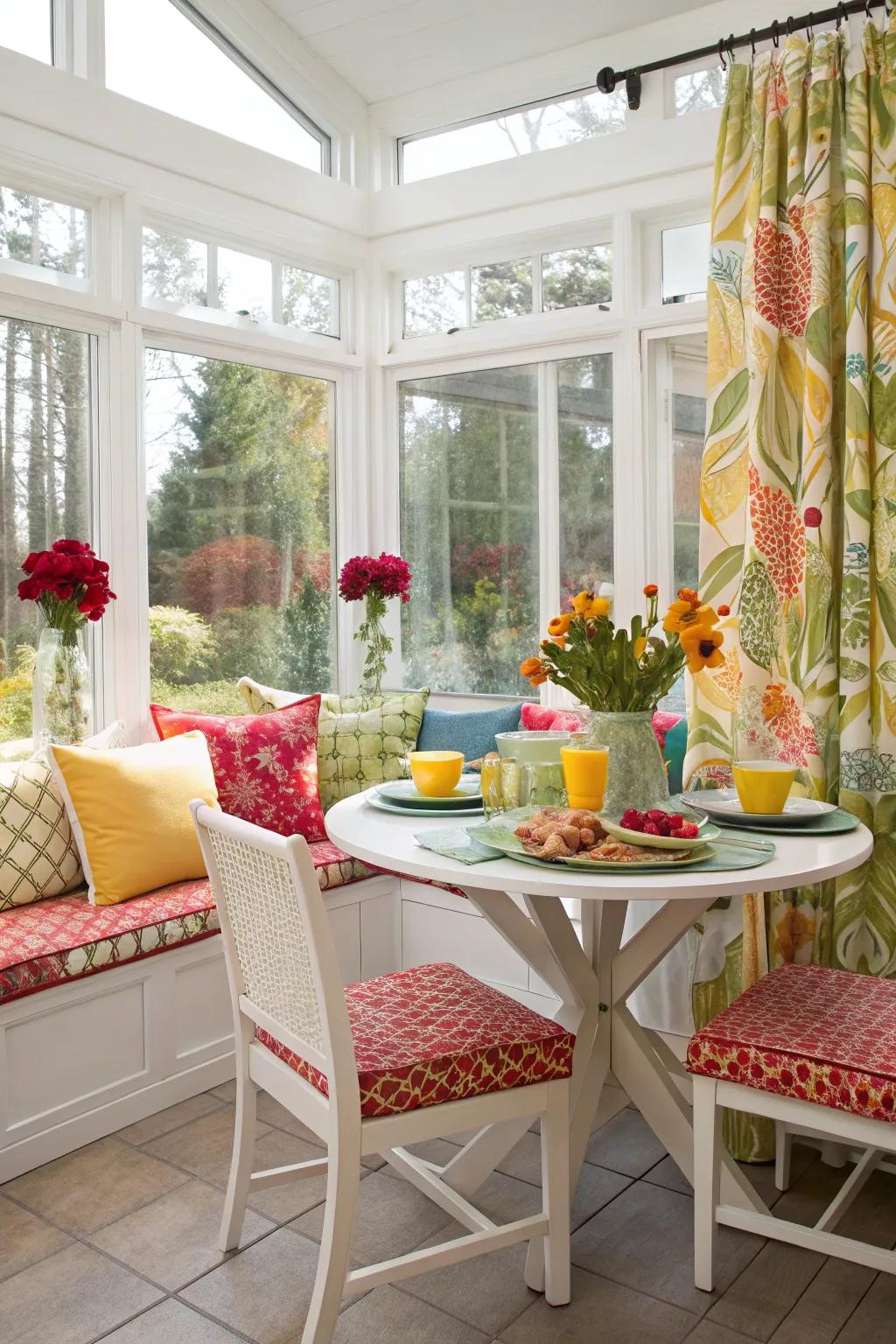 A charming breakfast nook in a sunroom, perfect for starting the day right.