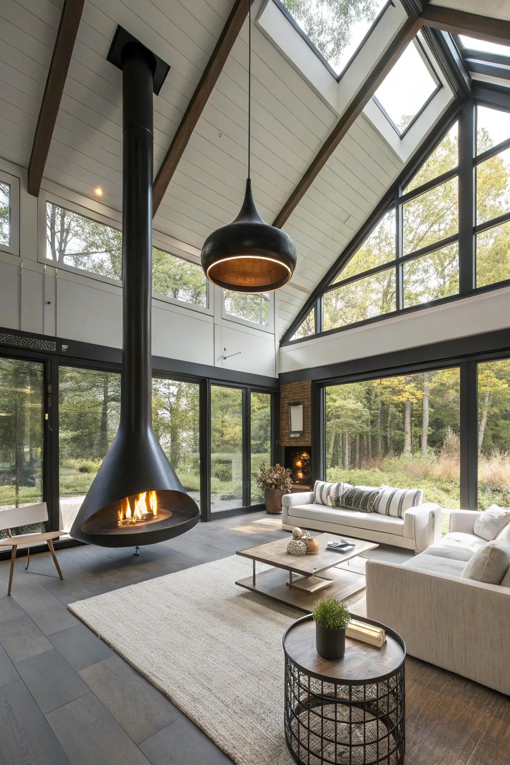 A suspended fireplace creating a dramatic focal point in a sunroom with high ceilings.