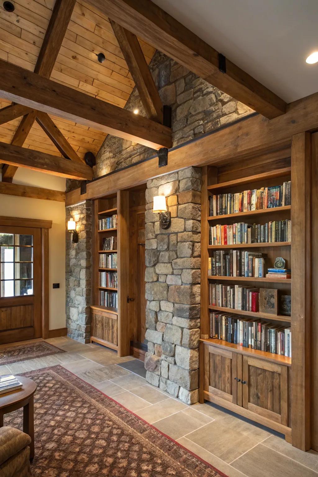 Library with beams showcasing a mix of wood and stone for depth.