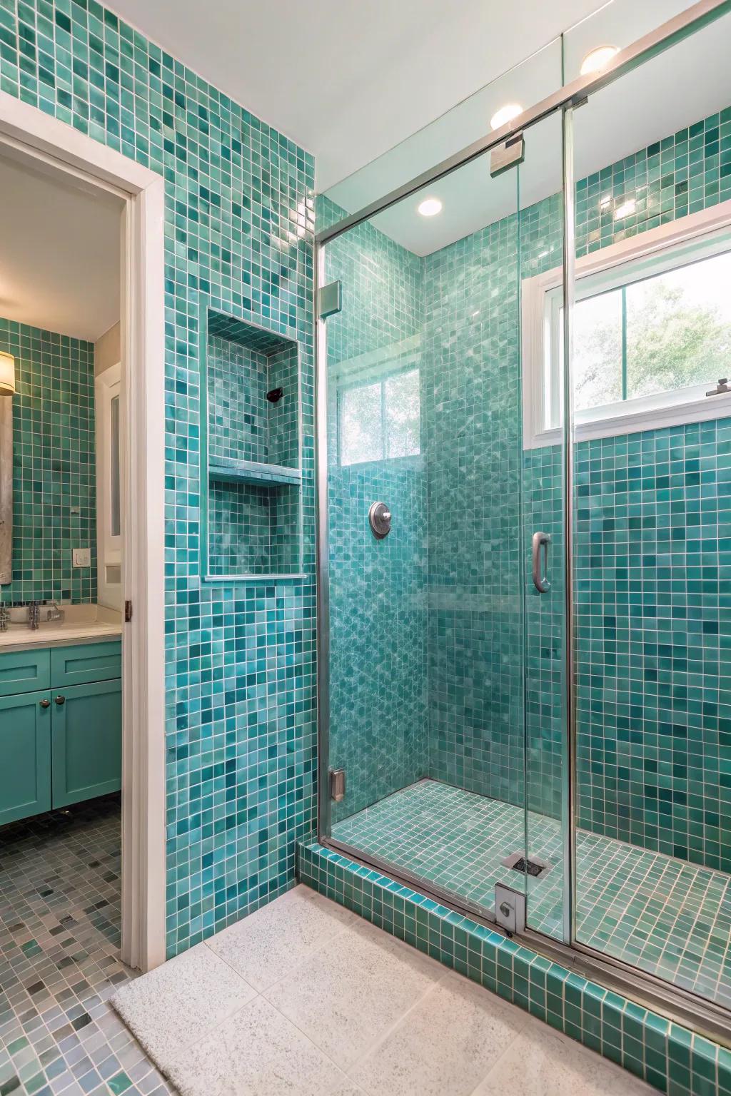 A textured bathroom featuring teal mosaic tiles.