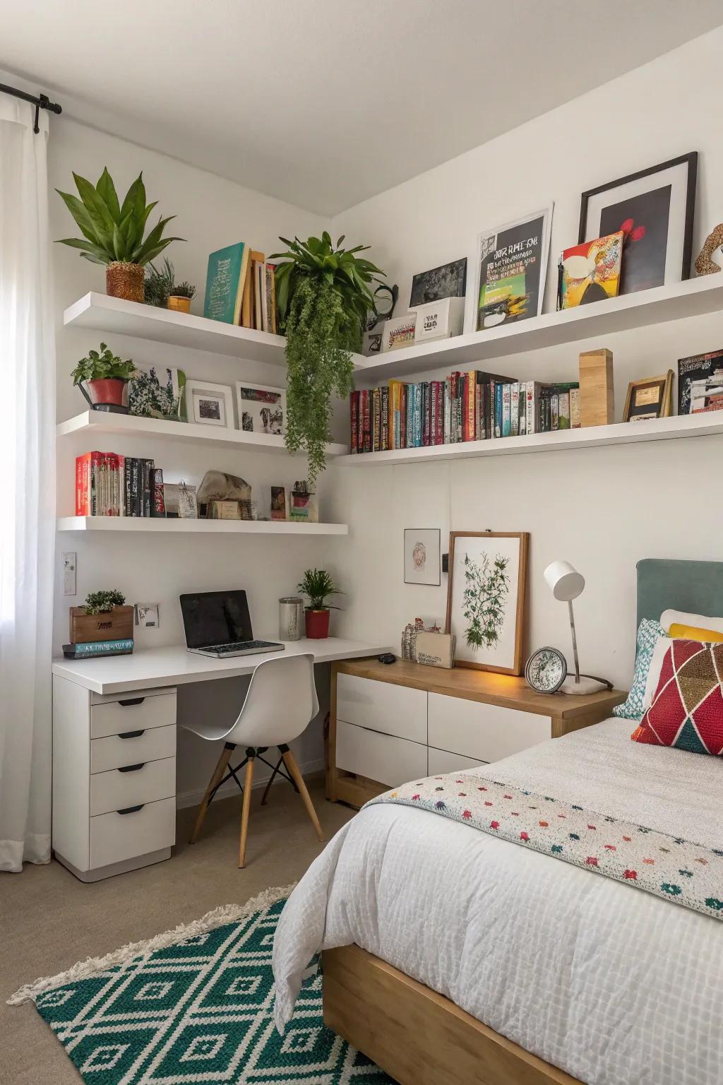 Floating shelves that keep the room organized and stylish.