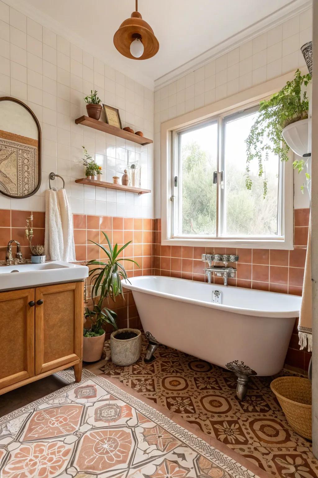 Mid-century modern style meets terra cotta warmth in this bathroom.