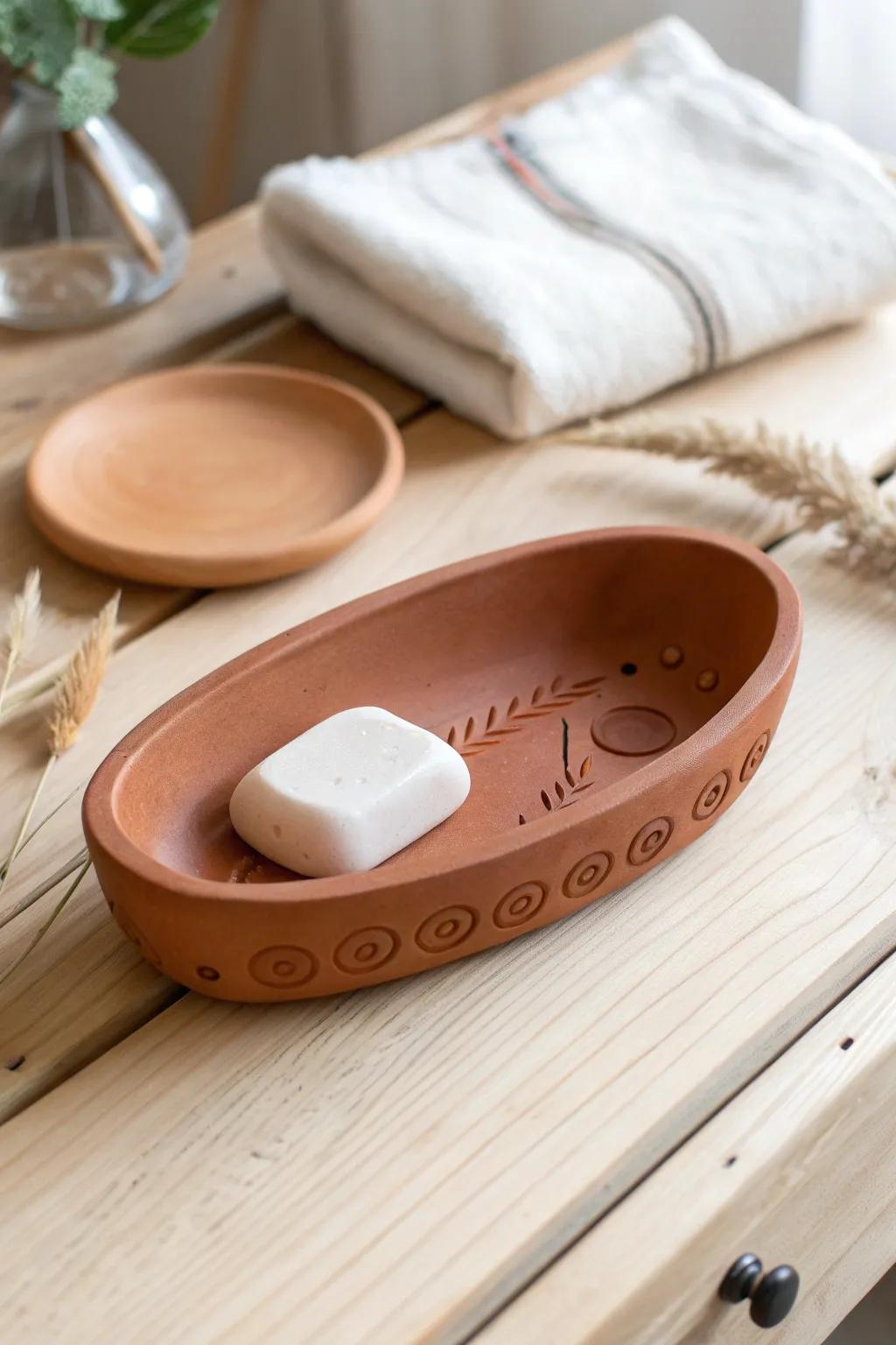 Elevate your bathroom decor with the natural charm of a handcrafted terracotta soap dish.
