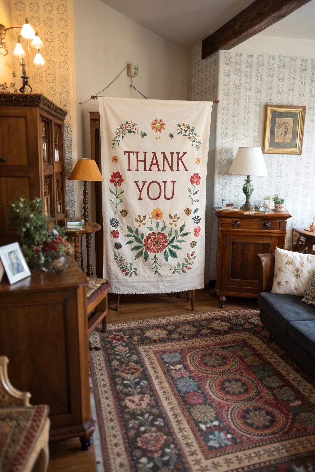 Add warmth with an embroidered fabric thank you poster.