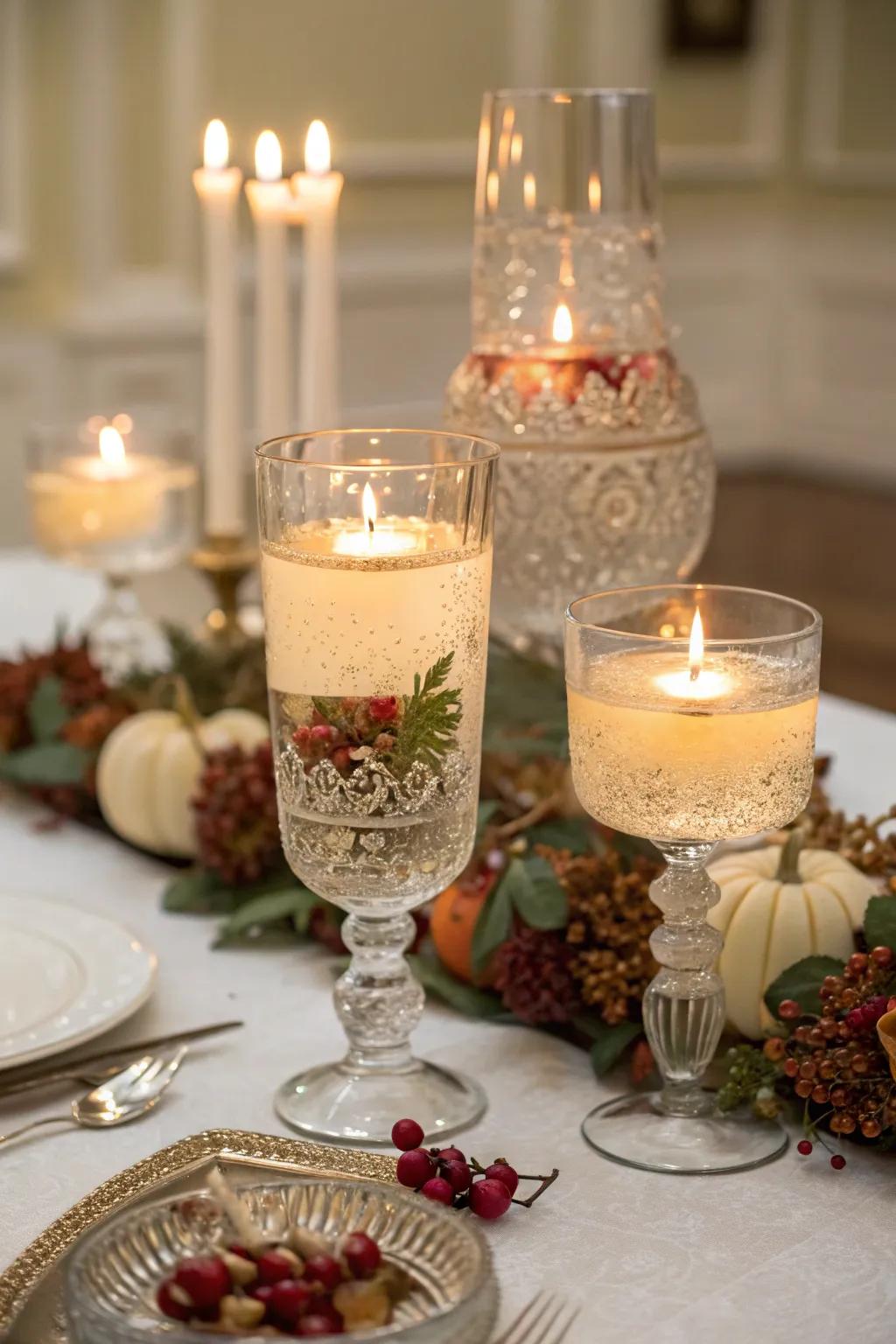 Vintage glassware and floating candles add character and charm to your Thanksgiving decor.