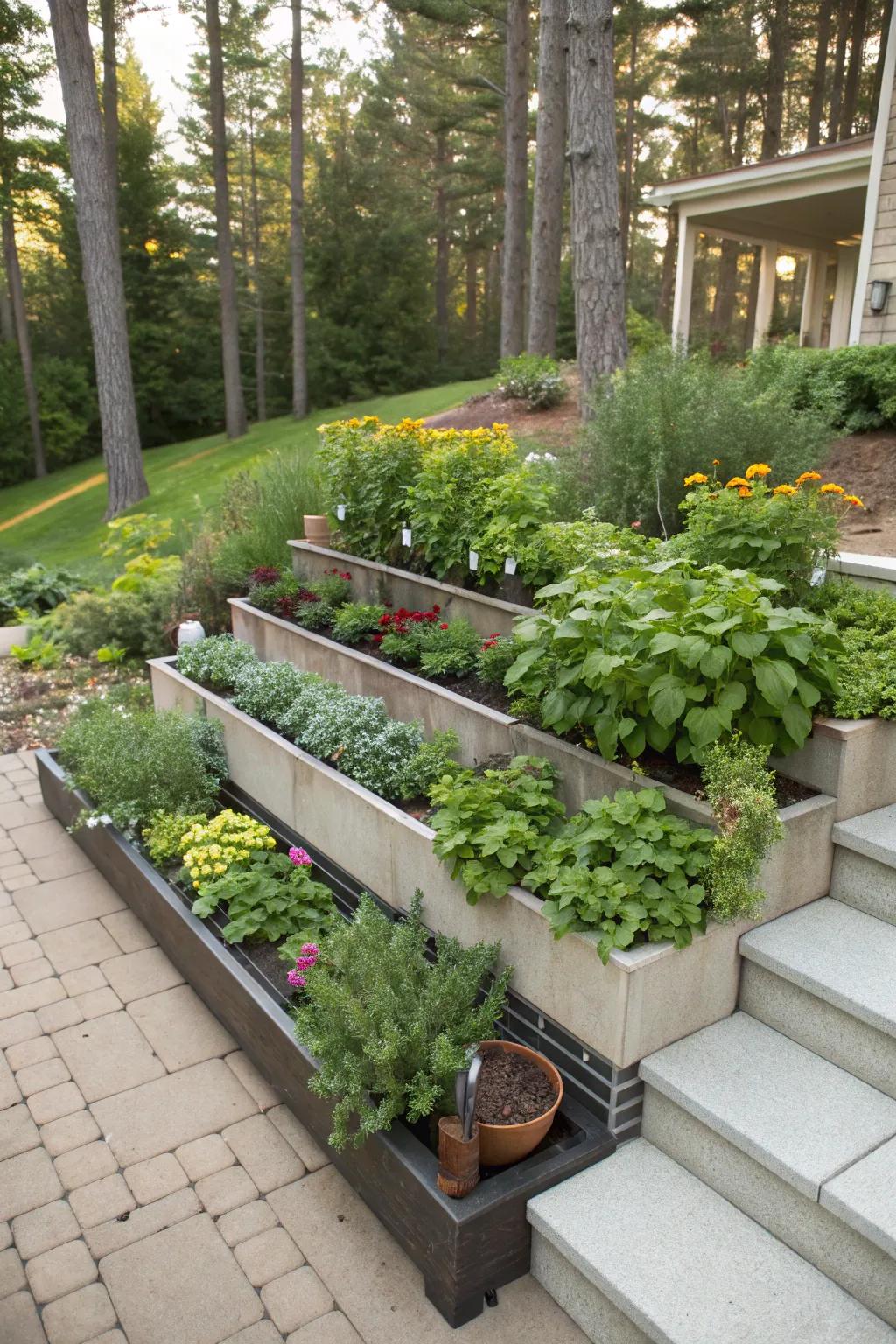 Herb and vegetable planters add beauty and functionality to a tiered patio.