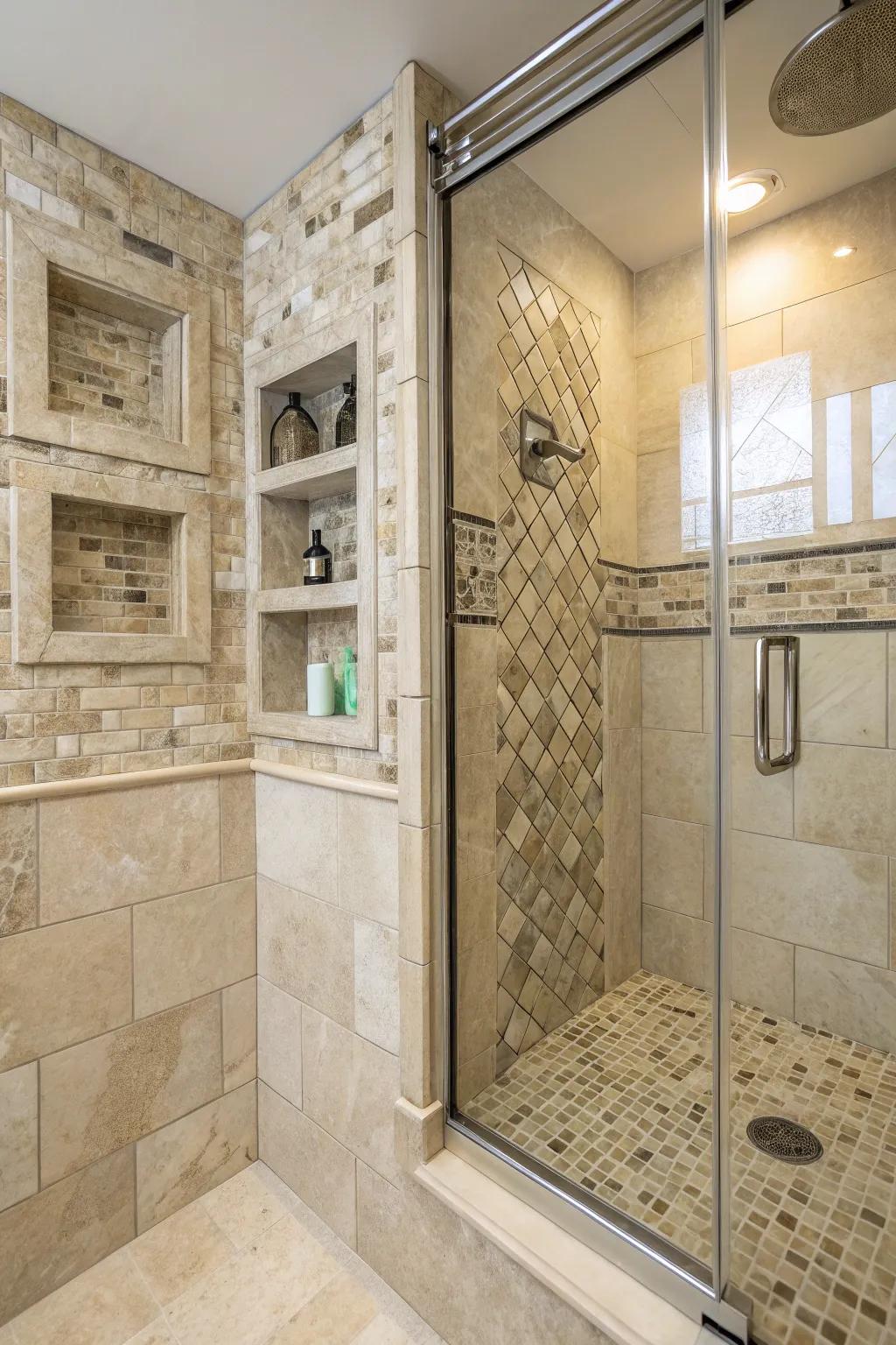 Natural stone tiles enhance elegance and tranquility.