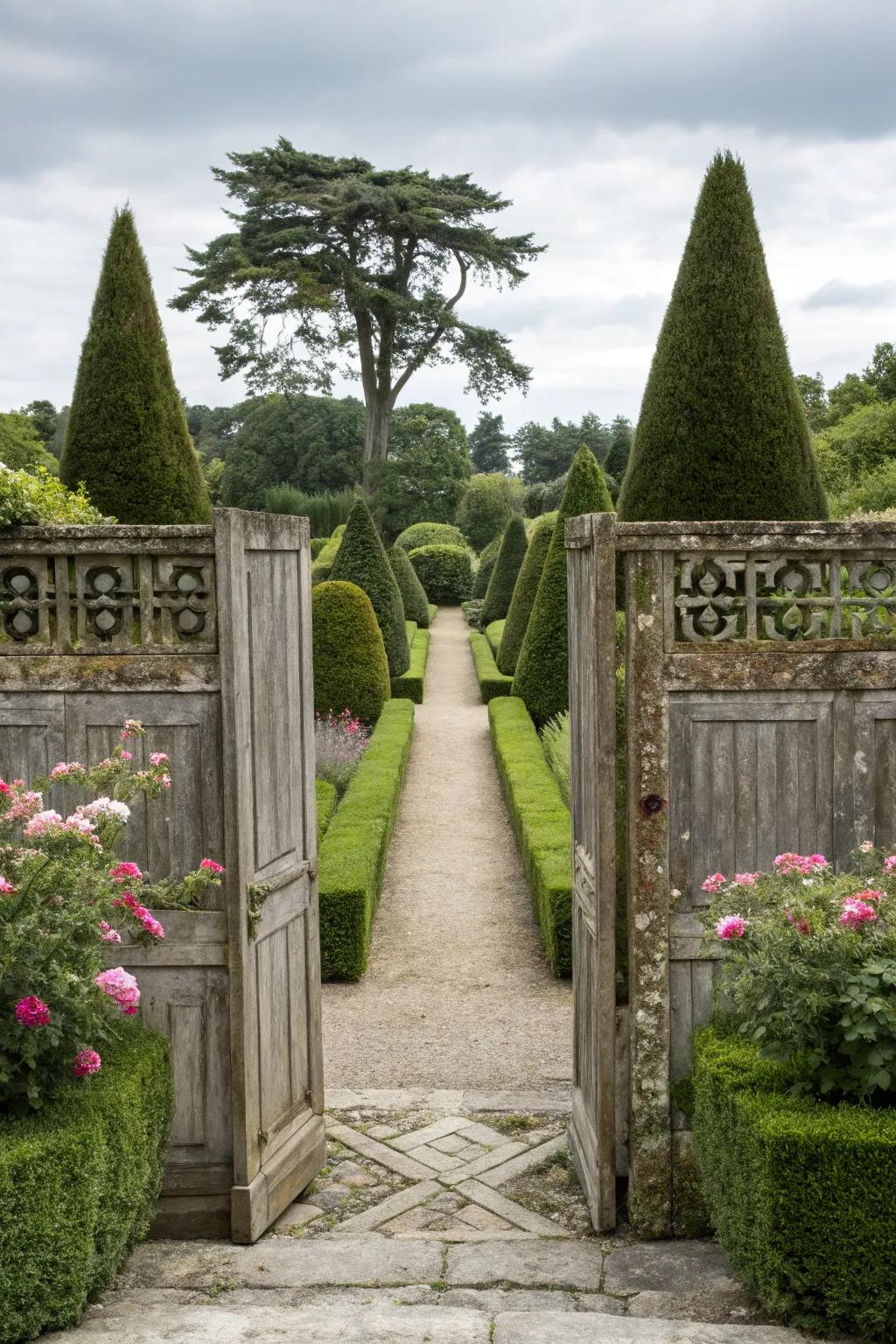 Symmetrical topiary sentinels creating balance at a garden entrance.