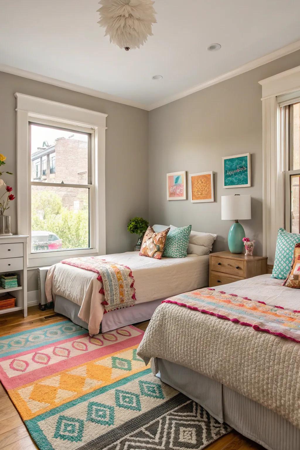 Neutral tones create a calming and versatile backdrop in this townhouse bedroom.