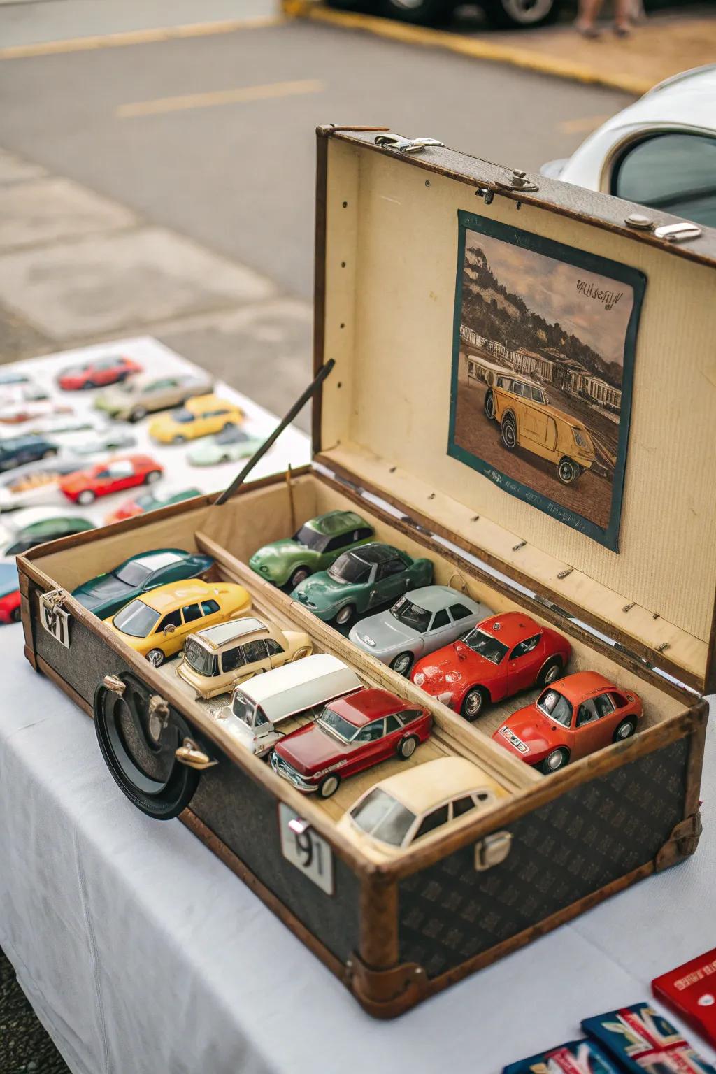 A vintage suitcase repurposed as a toy car display.