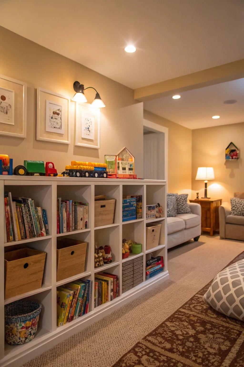 Wall-mounted units offer space-saving toy storage.