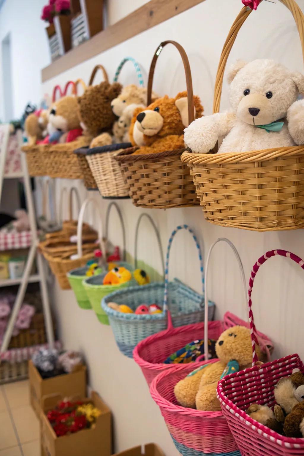 Hanging market baskets for creative stuffed animal storage.