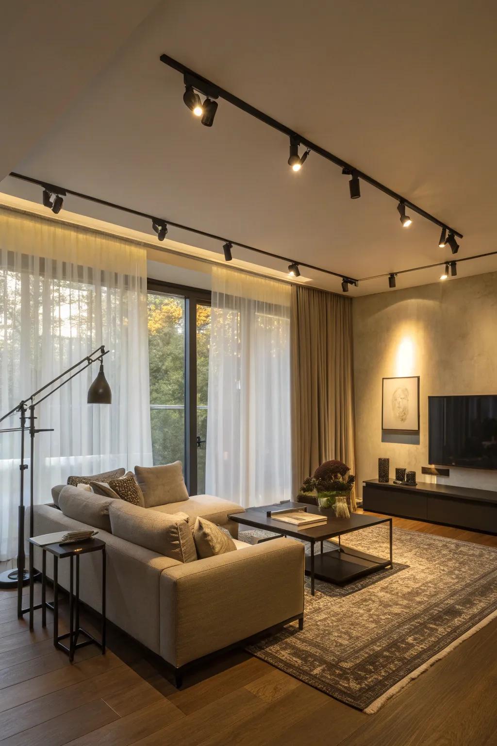 Eco-friendly LED track lighting in a stylish living room.