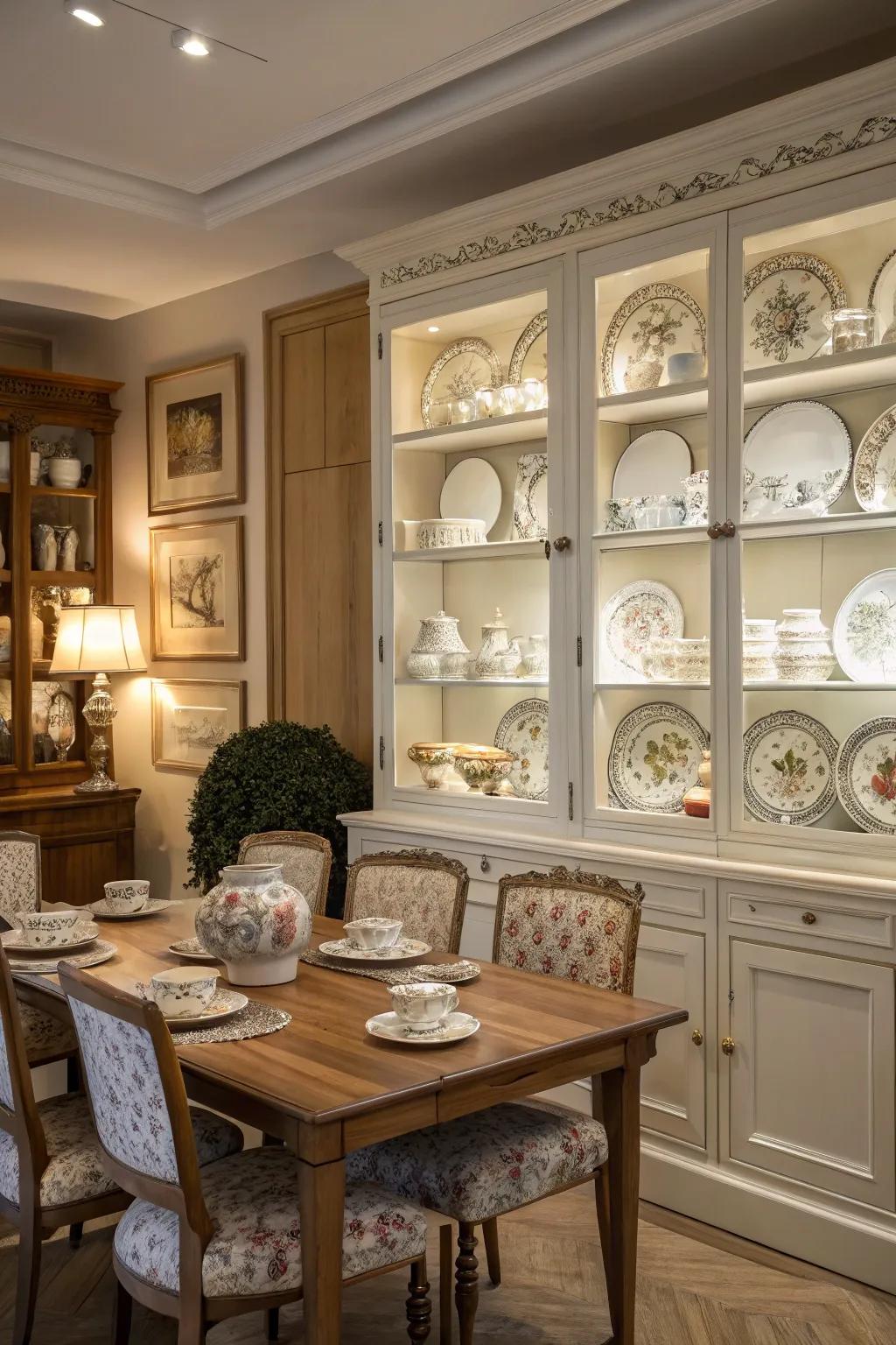 Displaying fine china adds elegance and sophistication to the dining room.