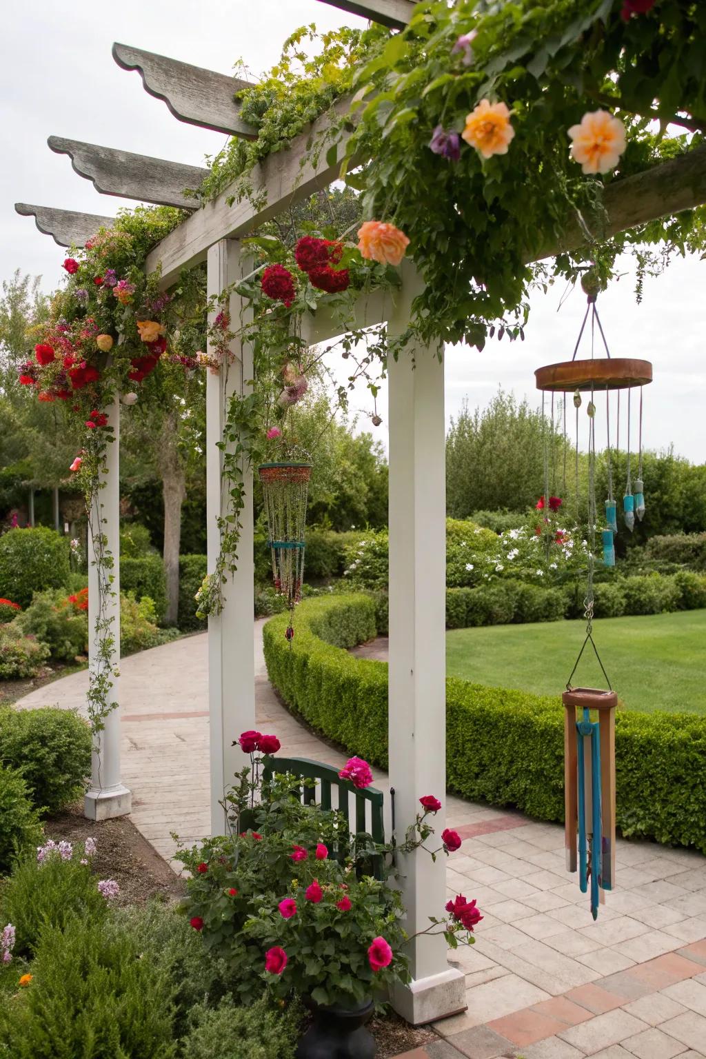 Garden art adds a personal touch to a trellis arbor.