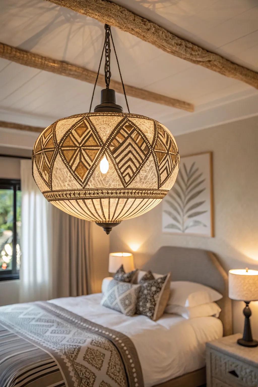 A statement light fixture becomes the room's centerpiece.