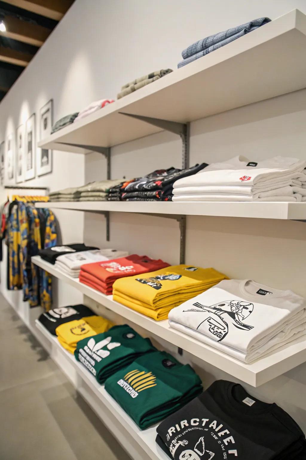 T-shirts displayed elegantly on floating shelves.