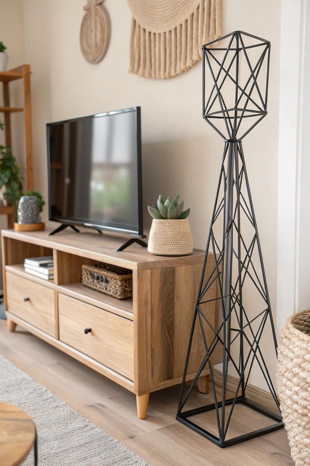 Elevate your space with a geometric wire stand that merges modern minimalism with boho charm.