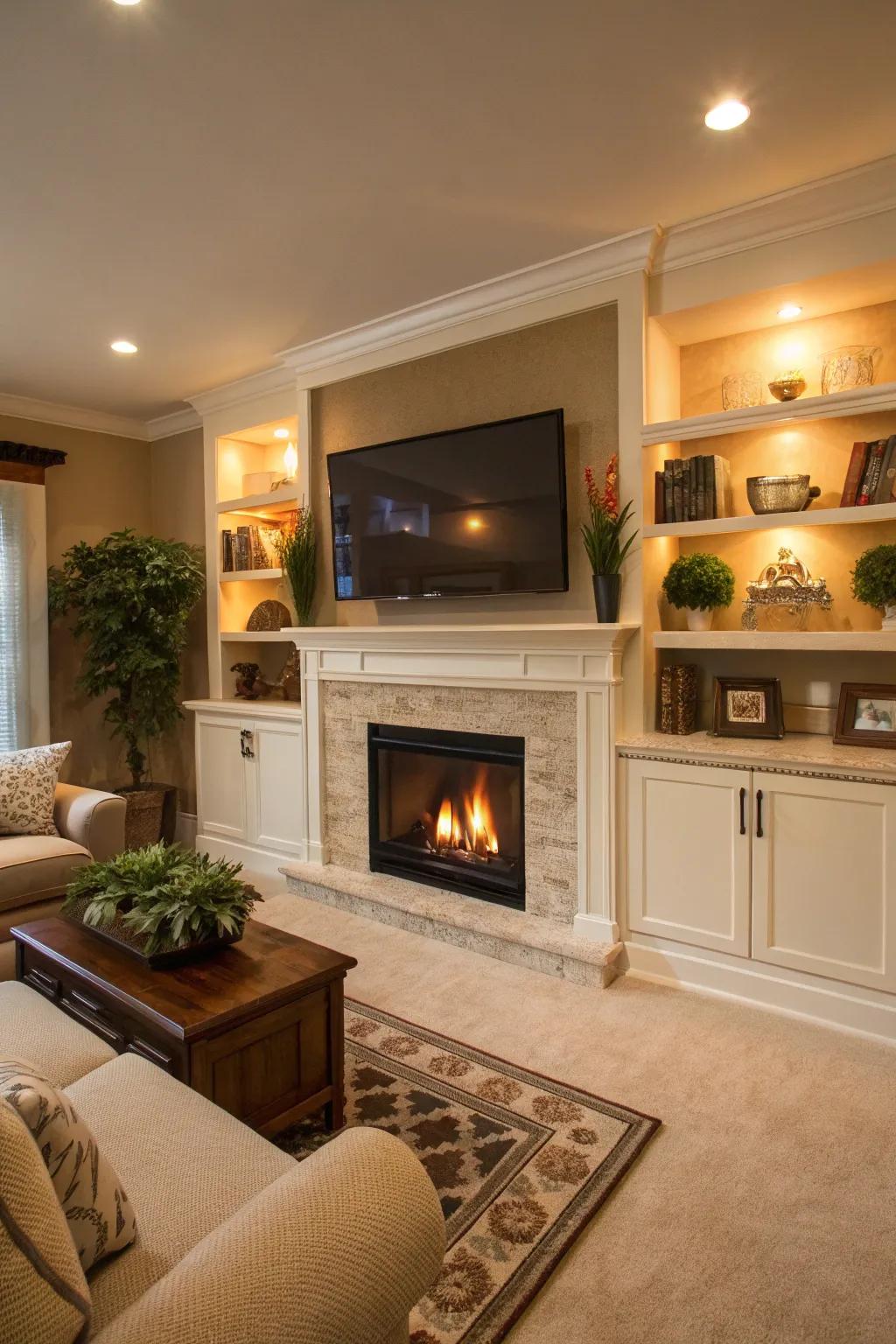 A fireplace integration turns your TV wall into a cozy focal point.