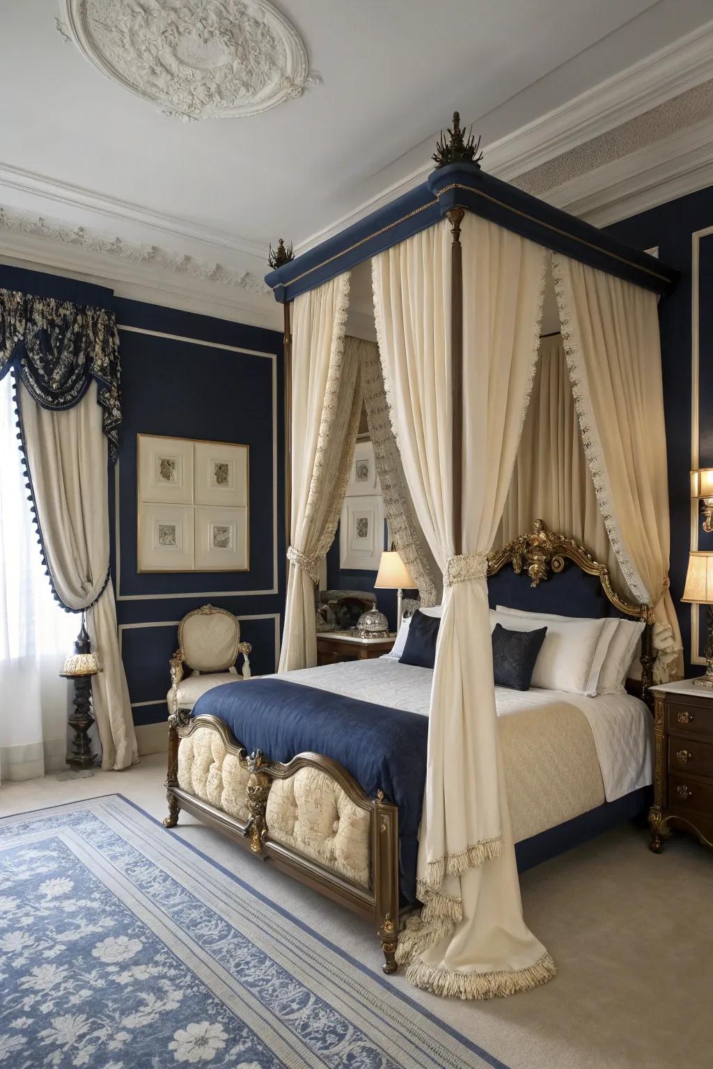 A timeless and elegant two-tone bedroom in navy and cream.