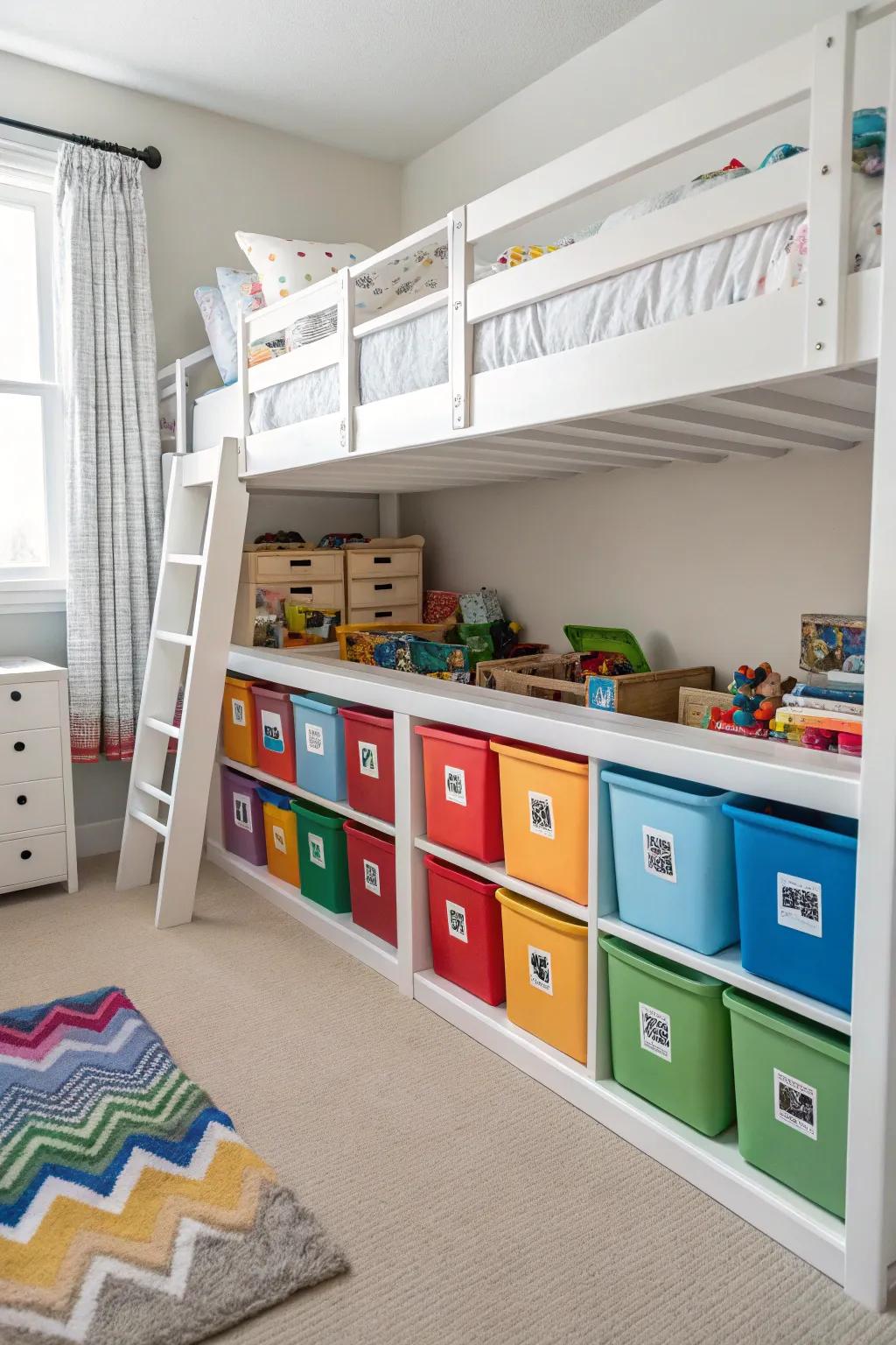 A neat toy storage area under a loft bed.