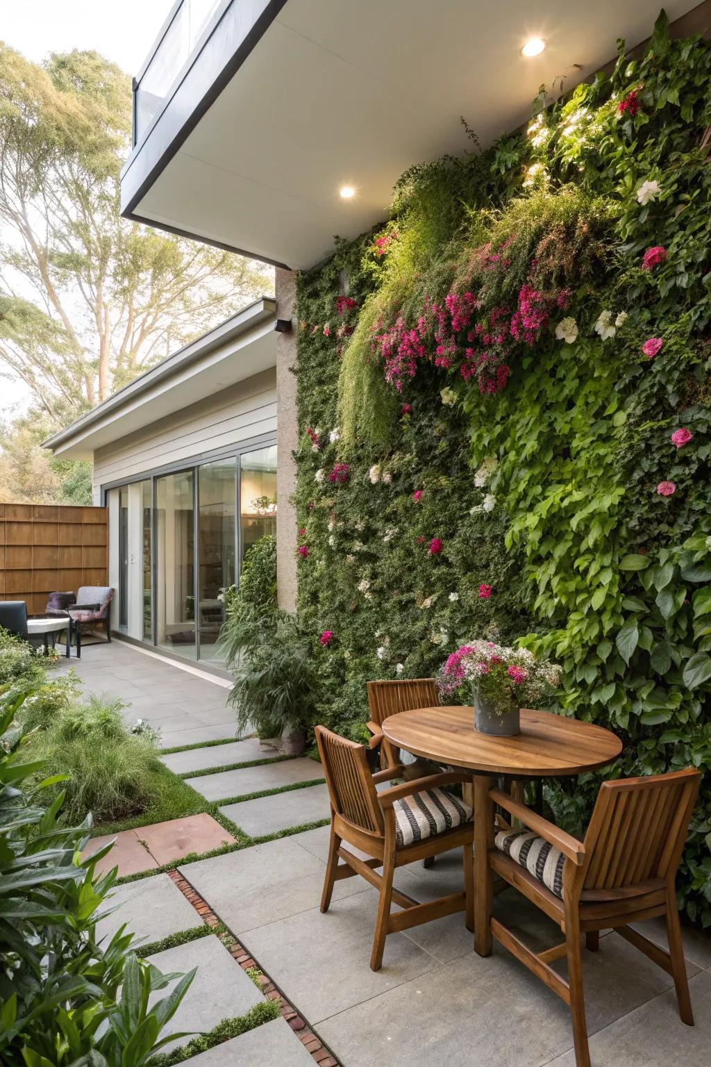 Vertical gardens add greenery and draw attention away from uneven patio surfaces.