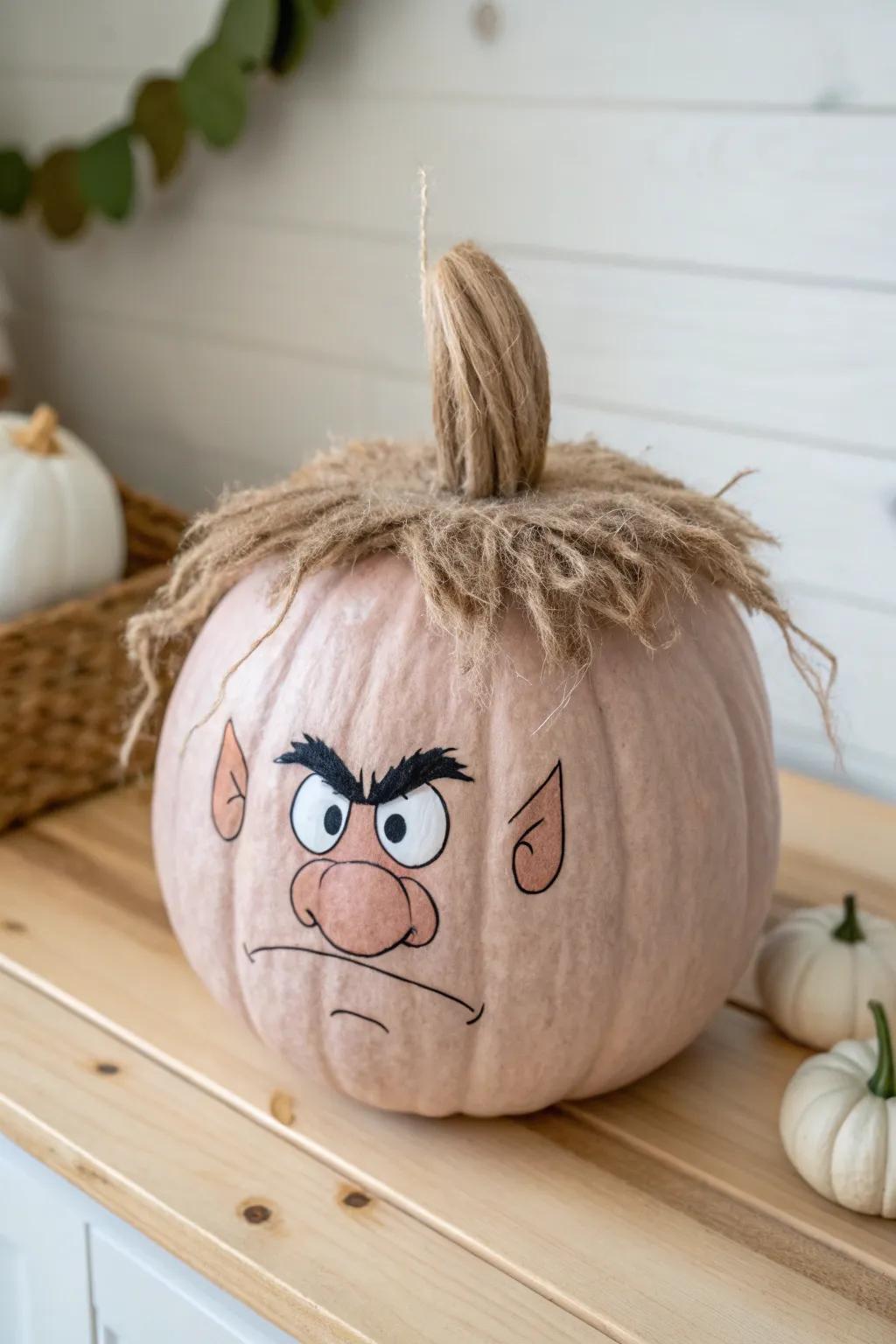 Add a touch of whimsy to your decor with this charming Grumpy Troll pumpkin, perfect for those who love minimalist and boho aesthetics.
