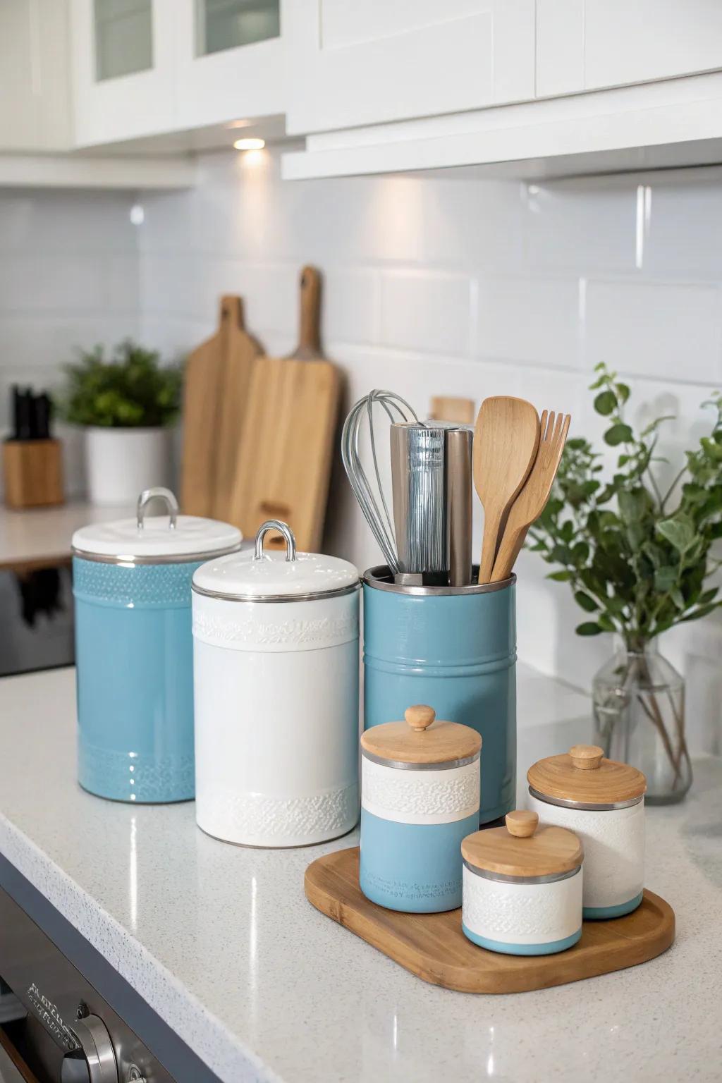 Color-coordinated canisters add style and function.