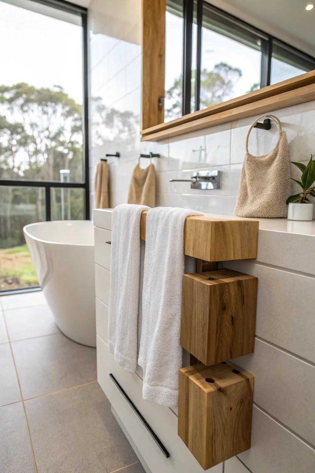 Add structure with floating wood block towel holders.