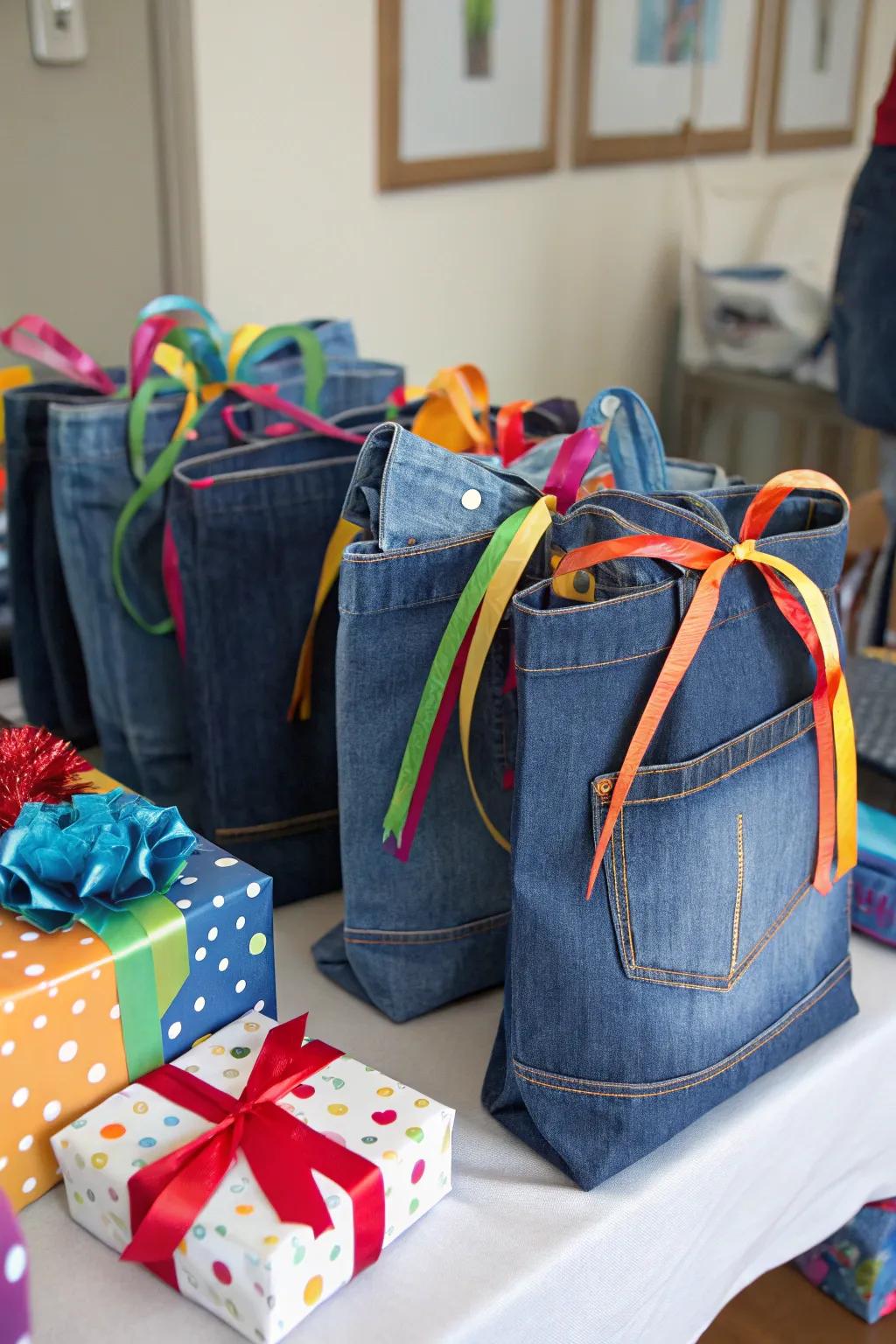 Wrap your gifts in sustainable style with denim gift bags.